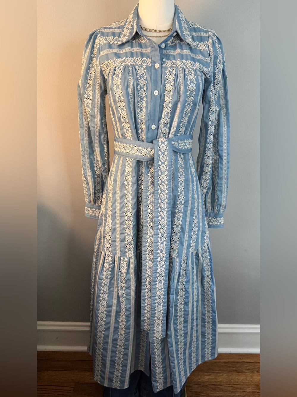 Boden Ellie Cotton Maxi Shirt Dress in Broderie Denim